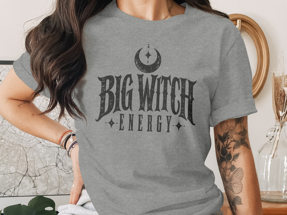 Gray t-shirt with "Big Witch Energy" and crescent moon graphic.