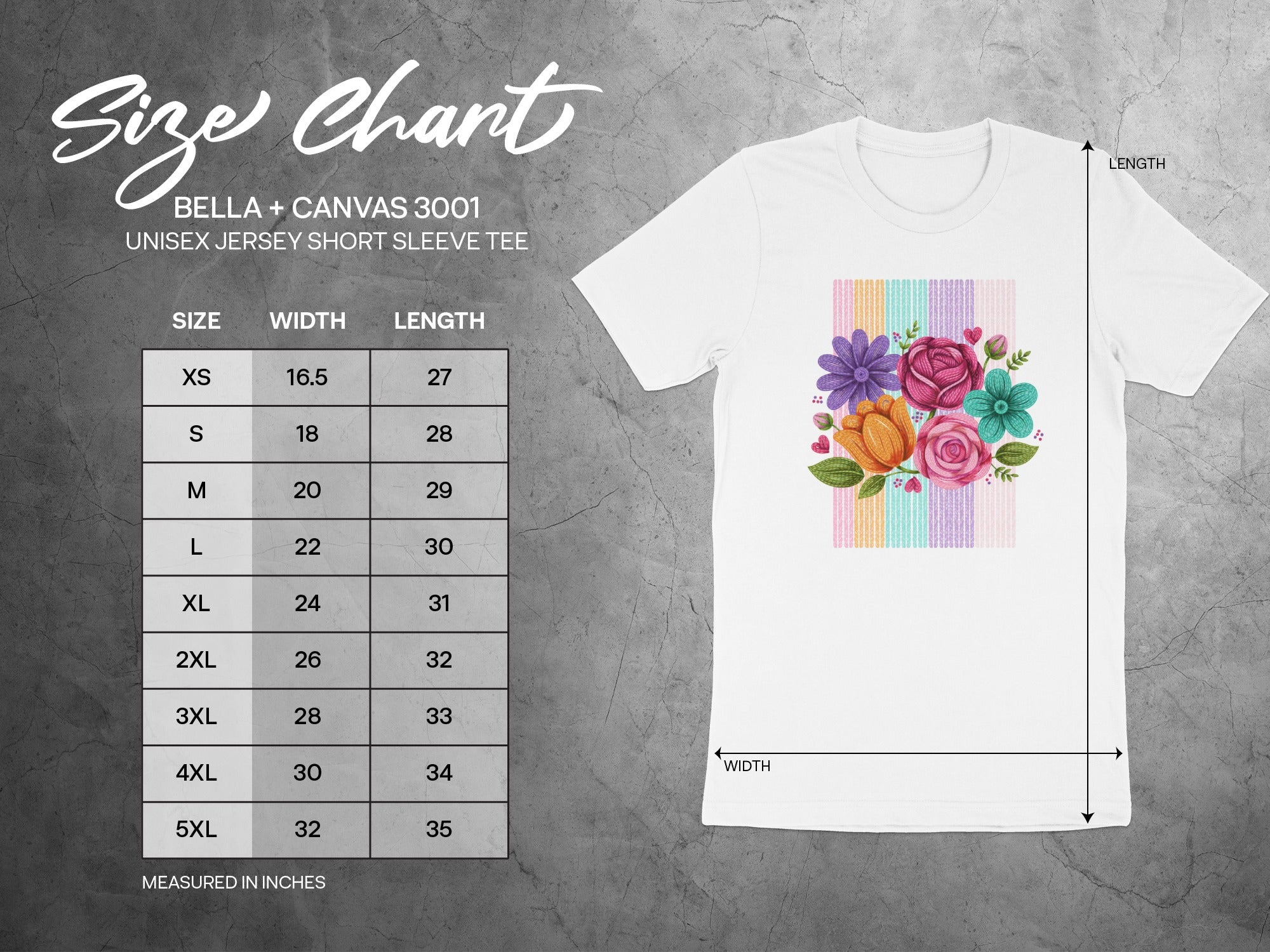 BELLA + CANVAS 3001 unisex jersey short sleeve tee size chart with width and length measurements.