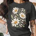 Dark grey t-shirt with a white daisy and floral print.