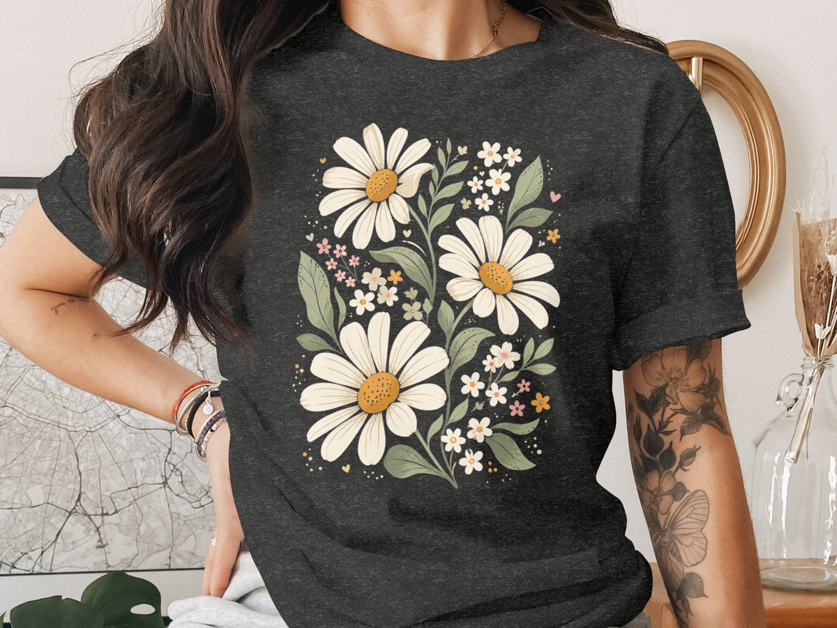 Dark grey t-shirt with a white daisy and floral print.