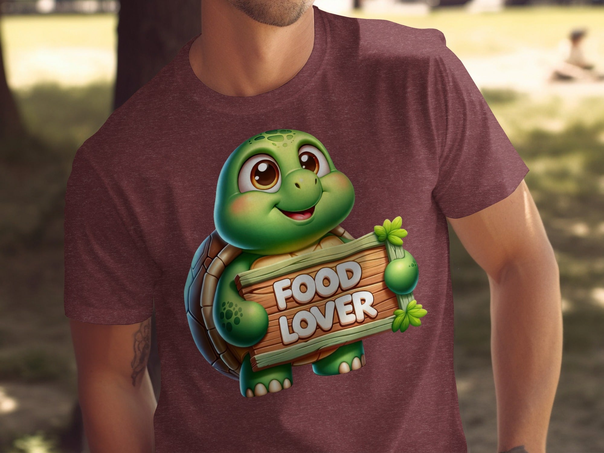 Cartoon turtle holding a wooden sign that says "FOOD LOVER".