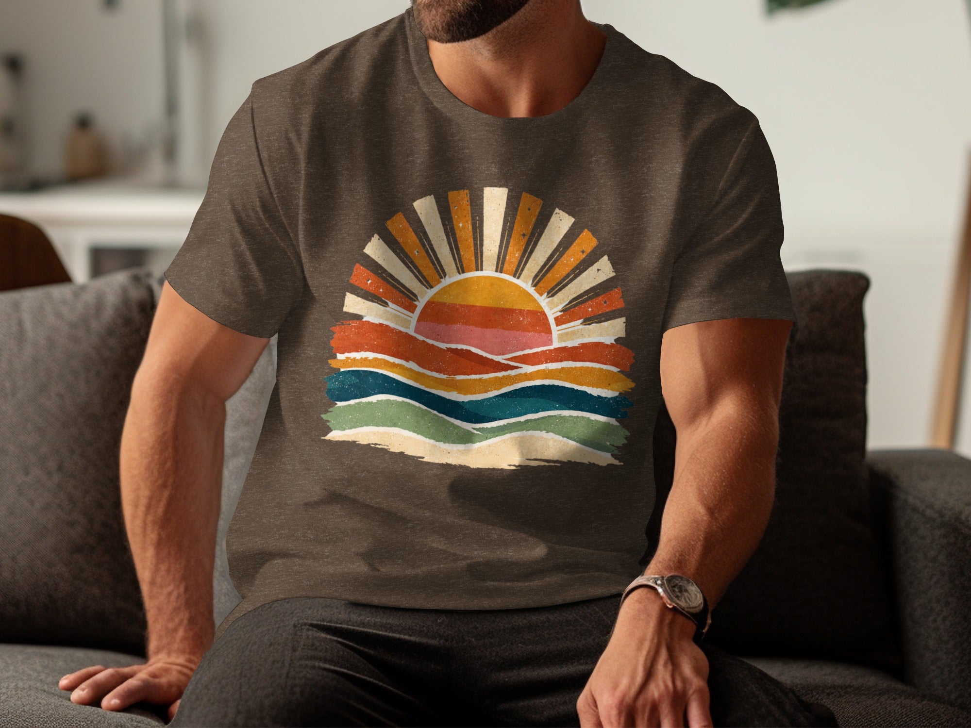 Brown t-shirt with vintage sunset and waves graphic design.
