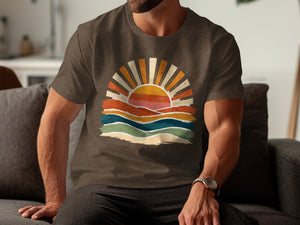 Brown t-shirt with vintage sunset and waves graphic design.