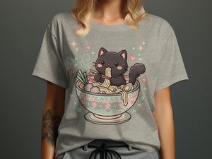 Black cat eating ramen in a decorated bowl with pastel stars and hearts.