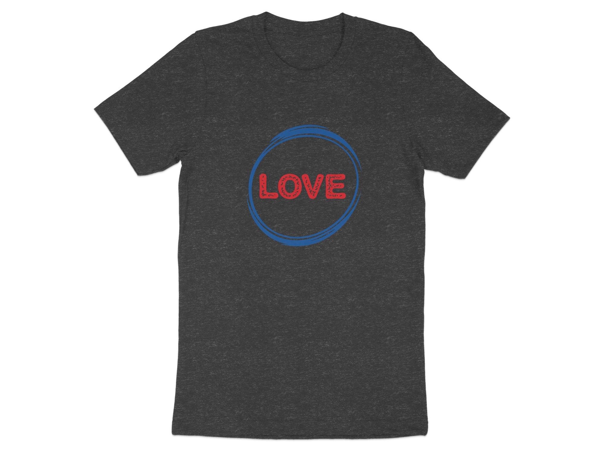 Dark grey t-shirt with red "LOVE" text inside blue circles.