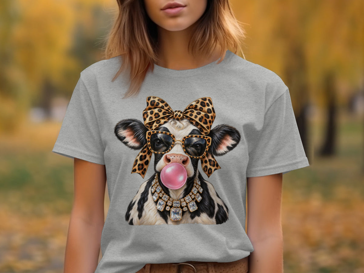 Cow with leopard bow, sunglasses, bubblegum, and diamond necklace on t-shirt
