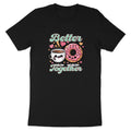 Black t-shirt with a kawaii coffee cup and donut design saying "Better Together."