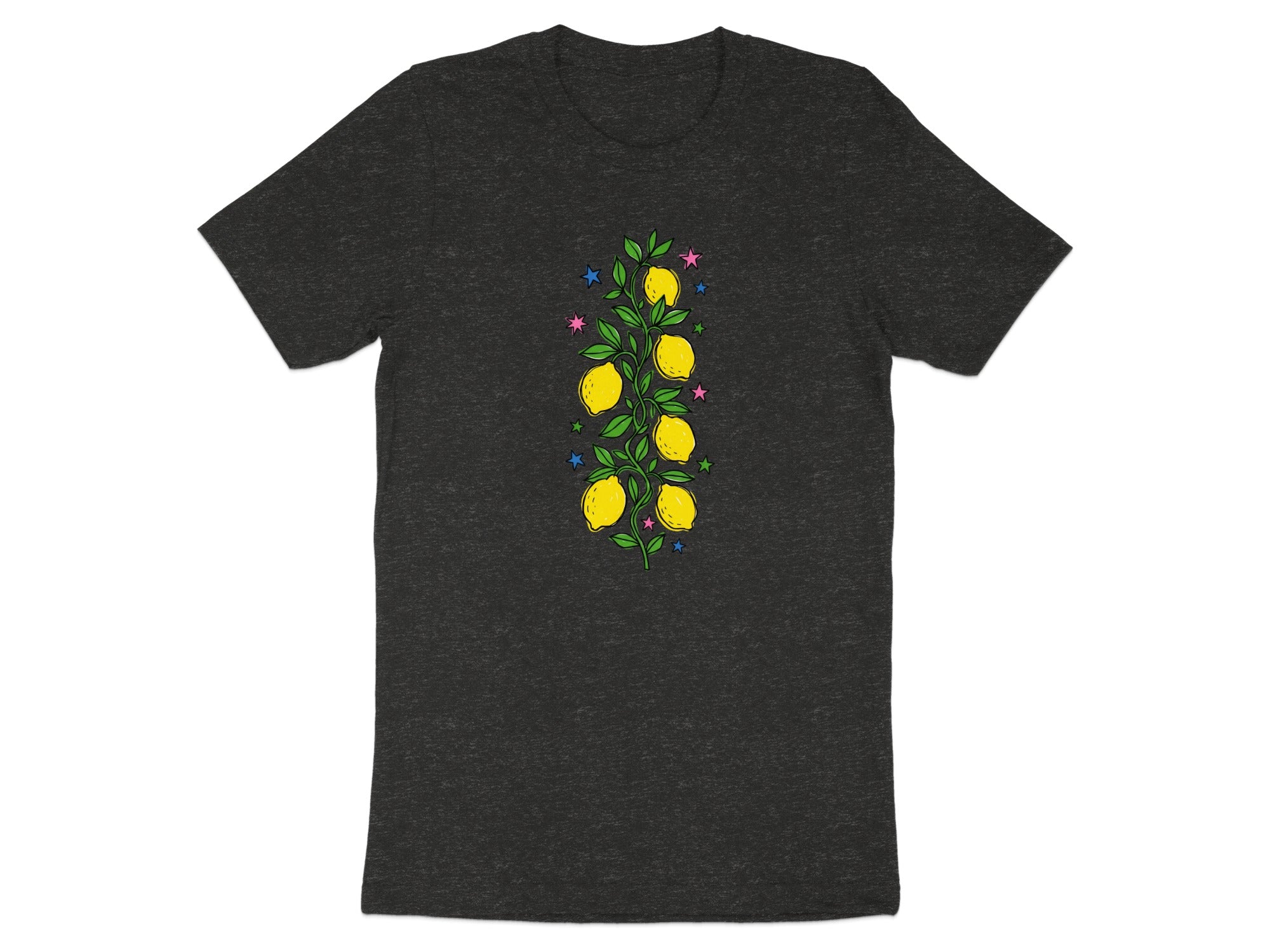 Dark grey t-shirt with a vertical lemon branch and colorful star graphic.