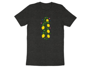 Dark grey t-shirt with a vertical lemon branch and colorful star graphic.