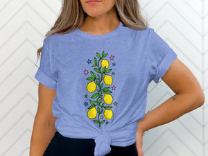 Lavender t-shirt with a lemon branch and stars graphic design.