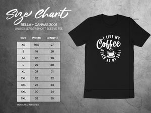 Bella + Canvas 3001 size chart with unisex short sleeve tee dimensions.