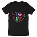 Black t-shirt with colorful "LOVE" text inside a pink heart and scattered red hearts.
