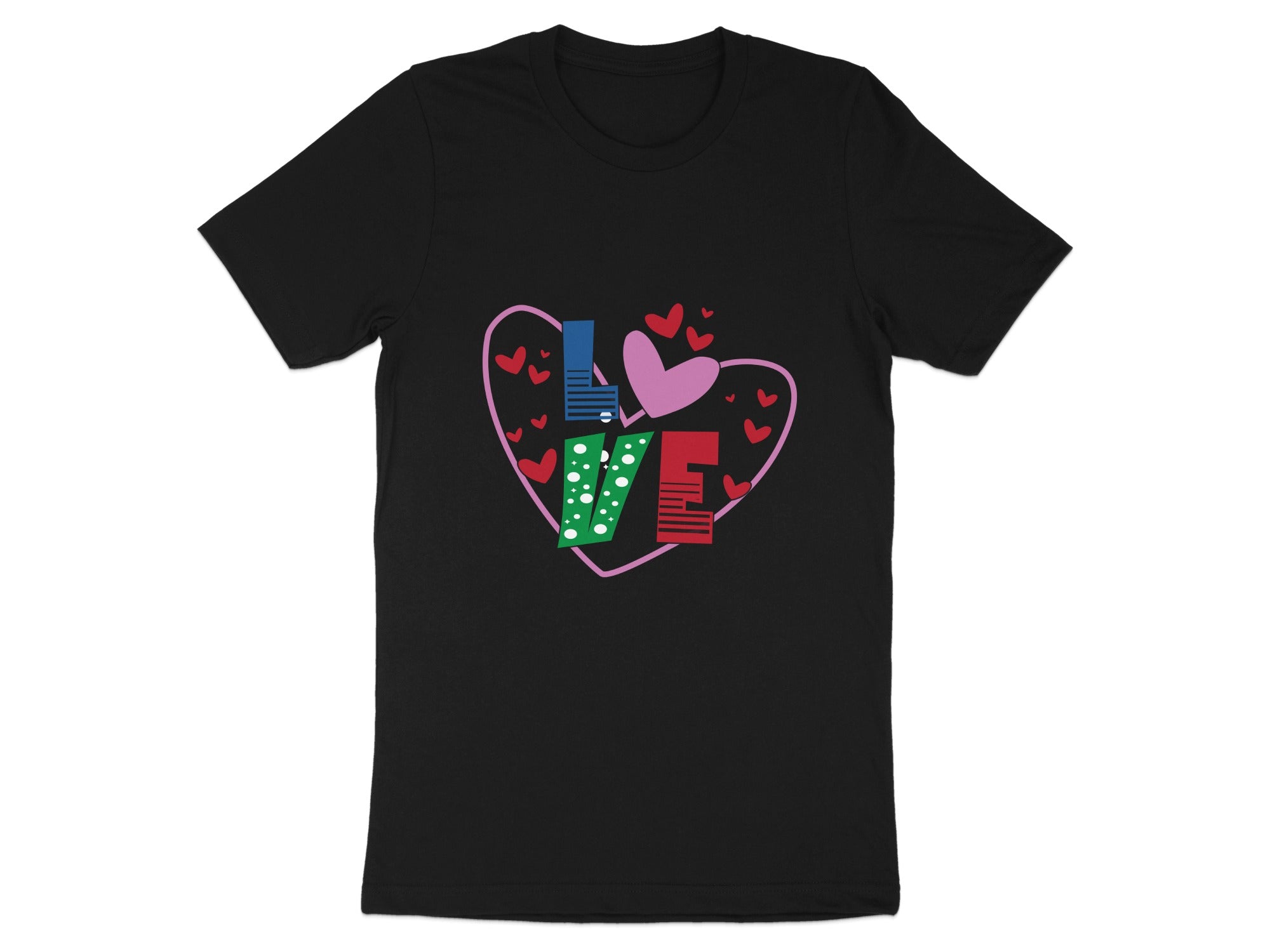 Black t-shirt with colorful "LOVE" text inside a pink heart and scattered red hearts.
