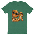 Two gingerbread men, one large and one small, wear sunglasses and jewelry.