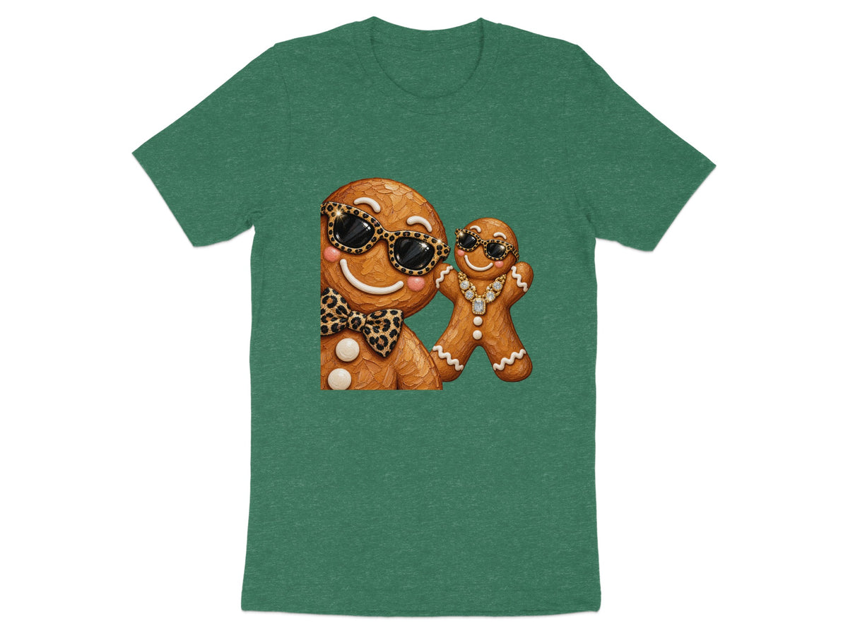 Two gingerbread men, one large and one small, wear sunglasses and jewelry.