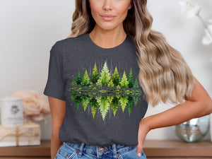 Dark grey t-shirt with watercolor pine trees and reflection graphic.