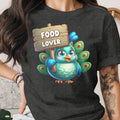 Cartoon peacock holding a wooden sign that says "FOOD LOVER".