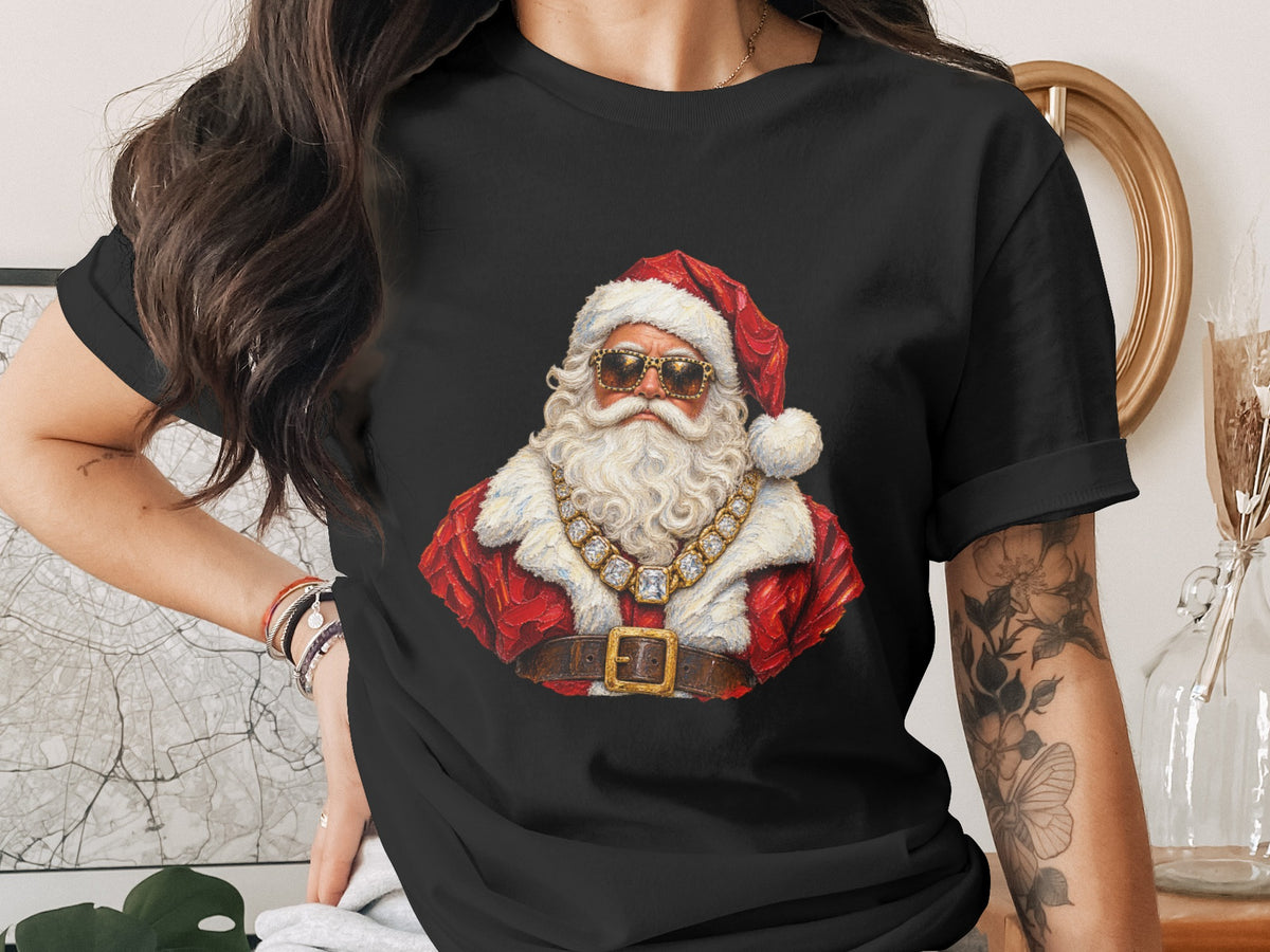 Santa Claus wearing sunglasses and a diamond necklace on a black t-shirt.