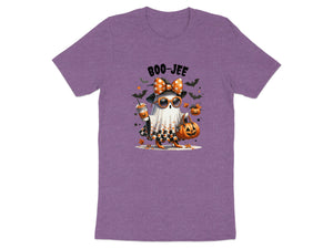 Ghost in sunglasses and bow holding coffee and pumpkin with "BOO-JEE" text.