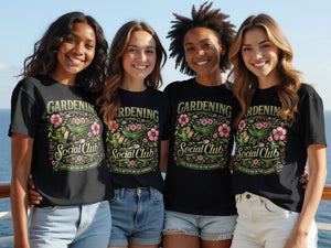 Four women wear black t-shirts with a "Gardening Social Club" graphic.