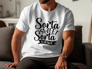 White t-shirt with "Sorta Sweet Sorta Savage" text on the chest.