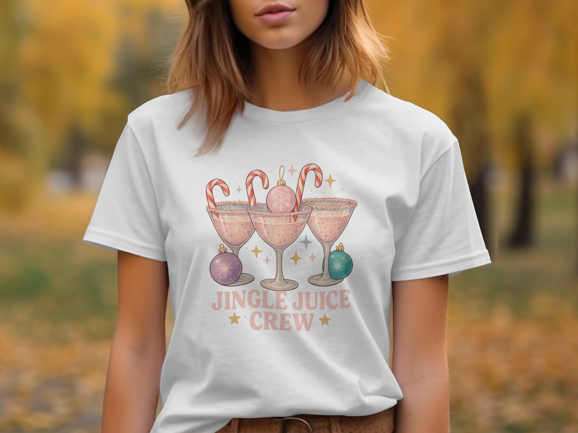 White t-shirt with "Jingle Juice Crew" text and festive drink graphic.