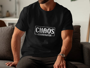 Black t-shirt with "CHAOS COORDINATOR" text inside a double rectangle.