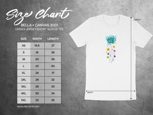 Bella + Canvas 3001 unisex tee size chart with width, length, and measurements in inches.
