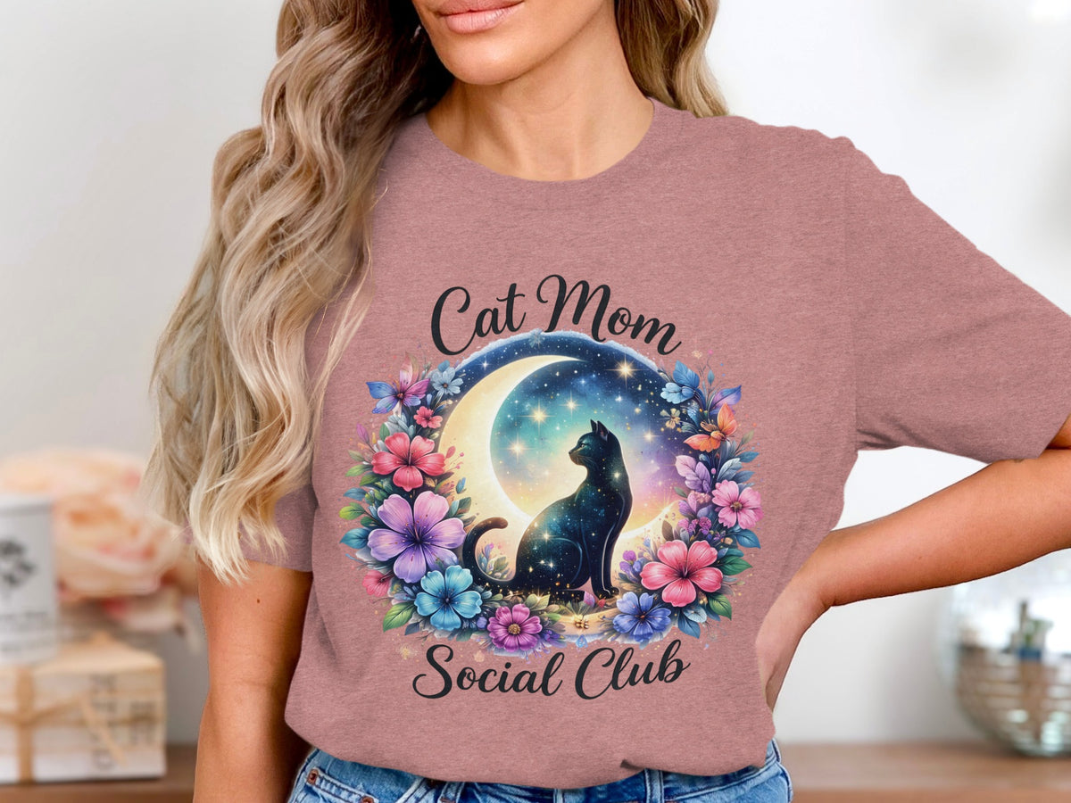 Black cat on crescent moon with flowers and "Cat Mom Social Club" text.