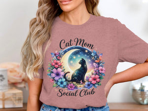 Black cat on crescent moon with flowers and "Cat Mom Social Club" text.