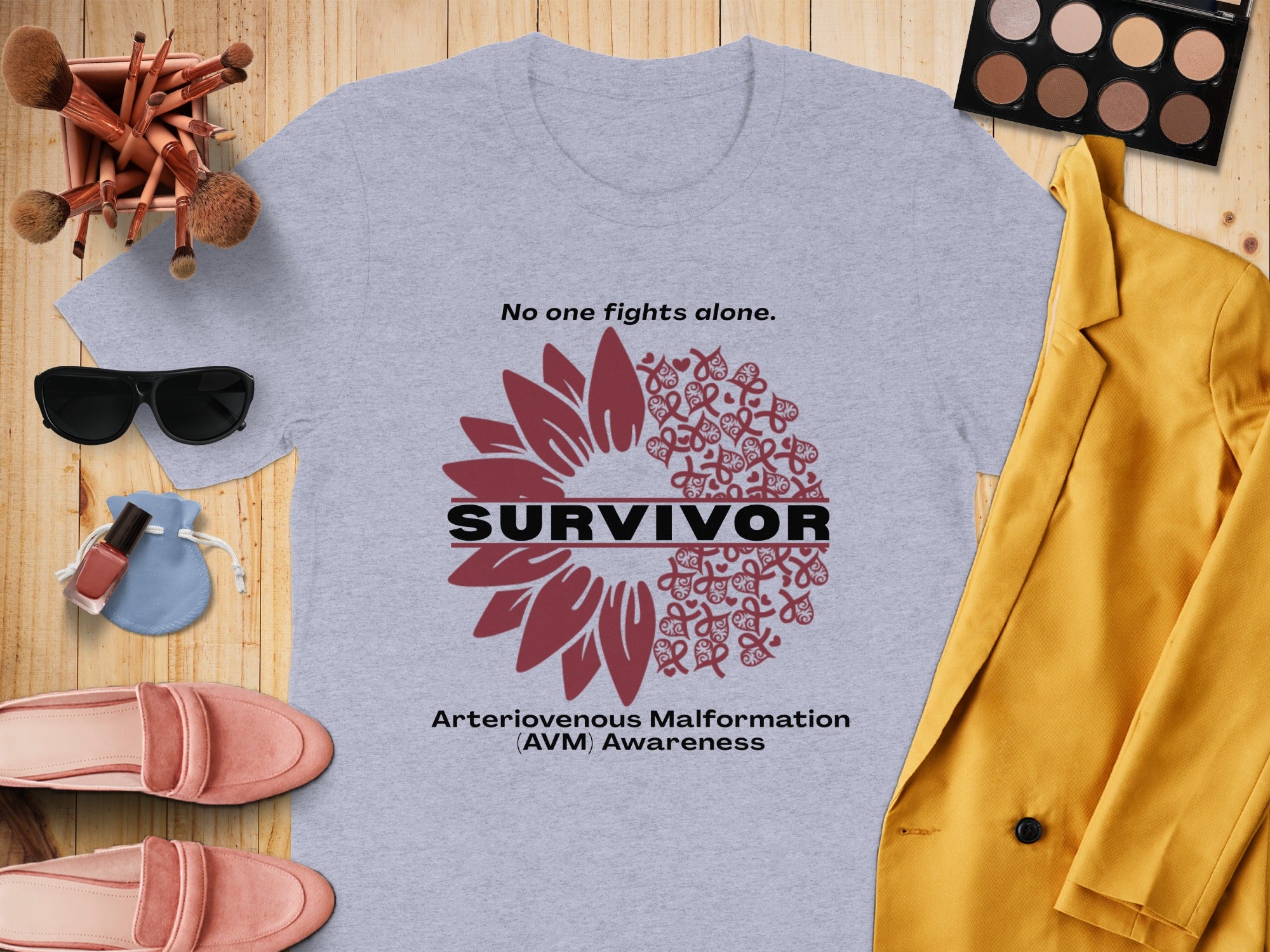 Survivor t-shirt with sunflower design for Arteriovenous Malformation awareness.