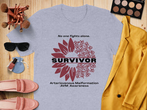 Survivor t-shirt with sunflower design for Arteriovenous Malformation awareness.
