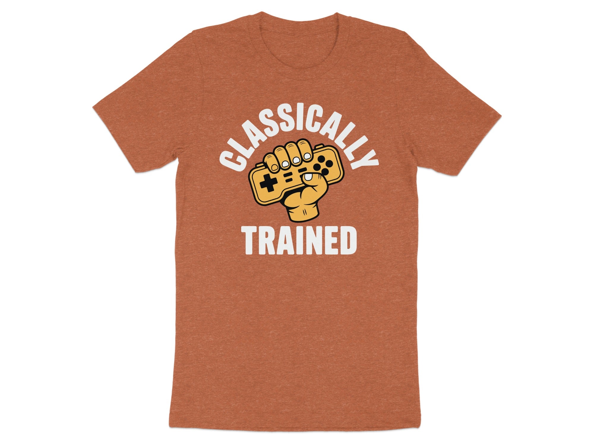 Orange t-shirt with "Classically Trained" text and a hand holding a game controller.