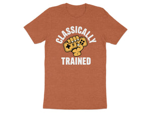 Orange t-shirt with "Classically Trained" text and a hand holding a game controller.