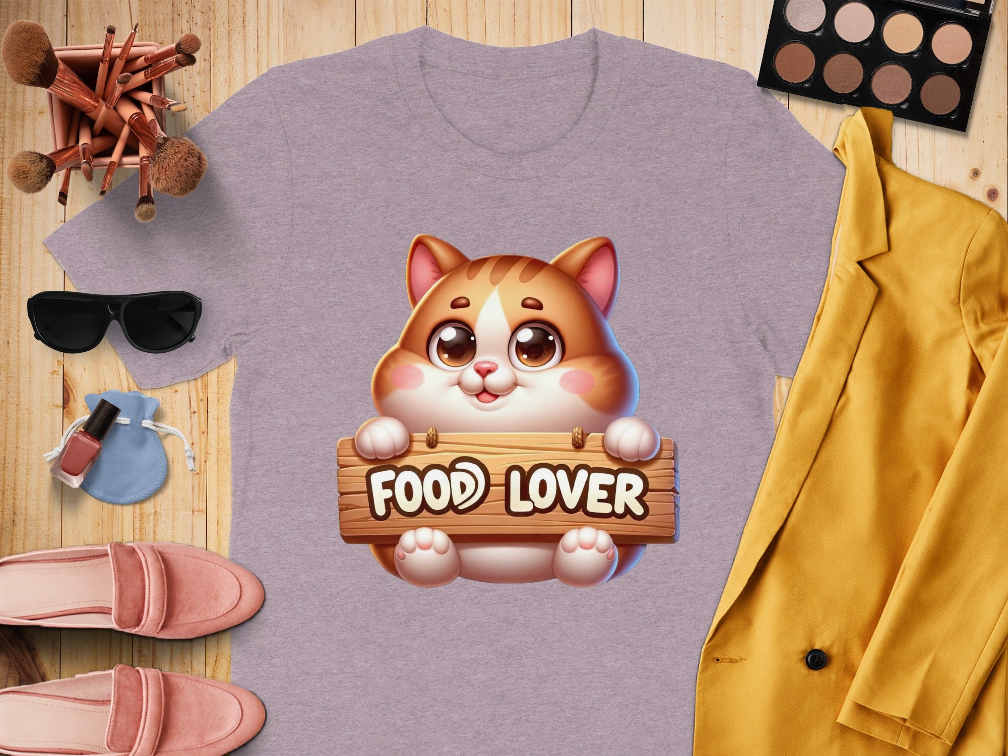T-shirt with a cartoon cat holding a "FOOD LOVER" sign.