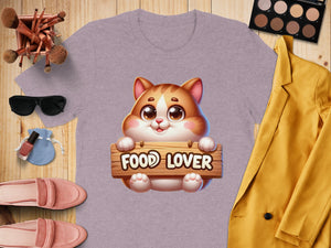 T-shirt with a cartoon cat holding a "FOOD LOVER" sign.