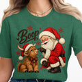 Santa booping a highland cow wearing a Santa hat with "Boop" text.