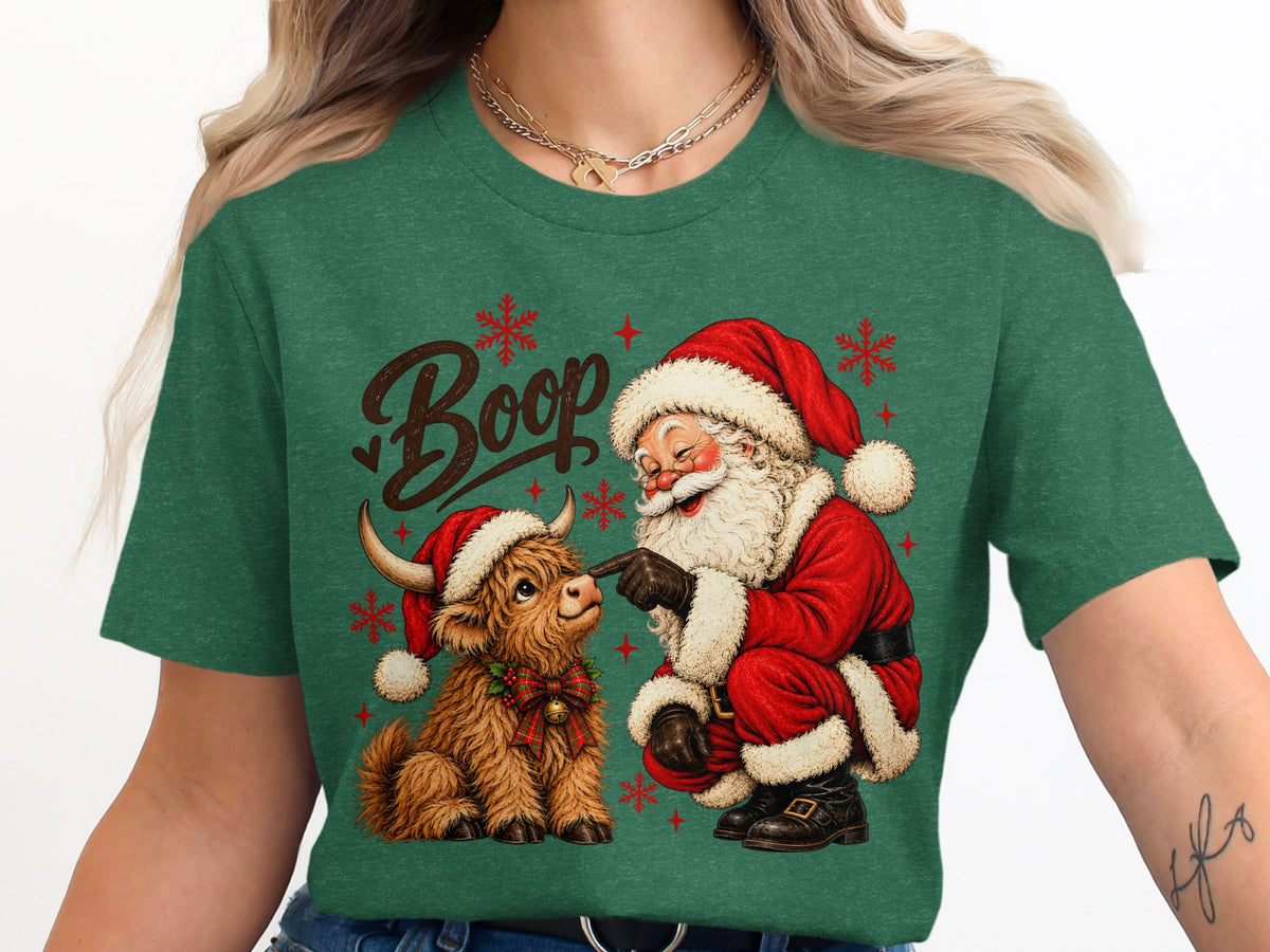 Santa booping a highland cow wearing a Santa hat with "Boop" text.