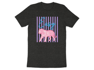 Pink tiger graphic with blue "Easy" text on purple striped background on black t-shirt.