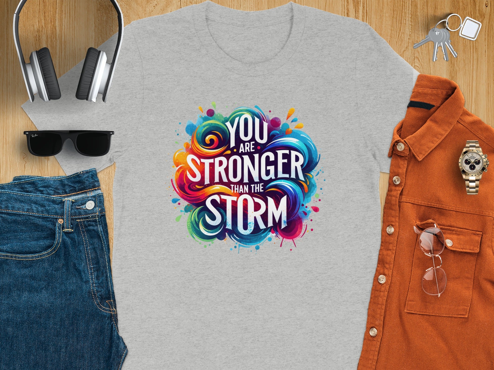 Gray t-shirt with colorful "You are stronger than the storm" graphic.