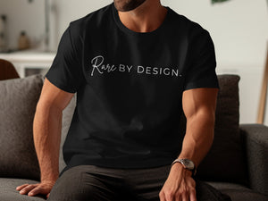 Black t-shirt with white text "Rare BY DESIGN." worn by a man.