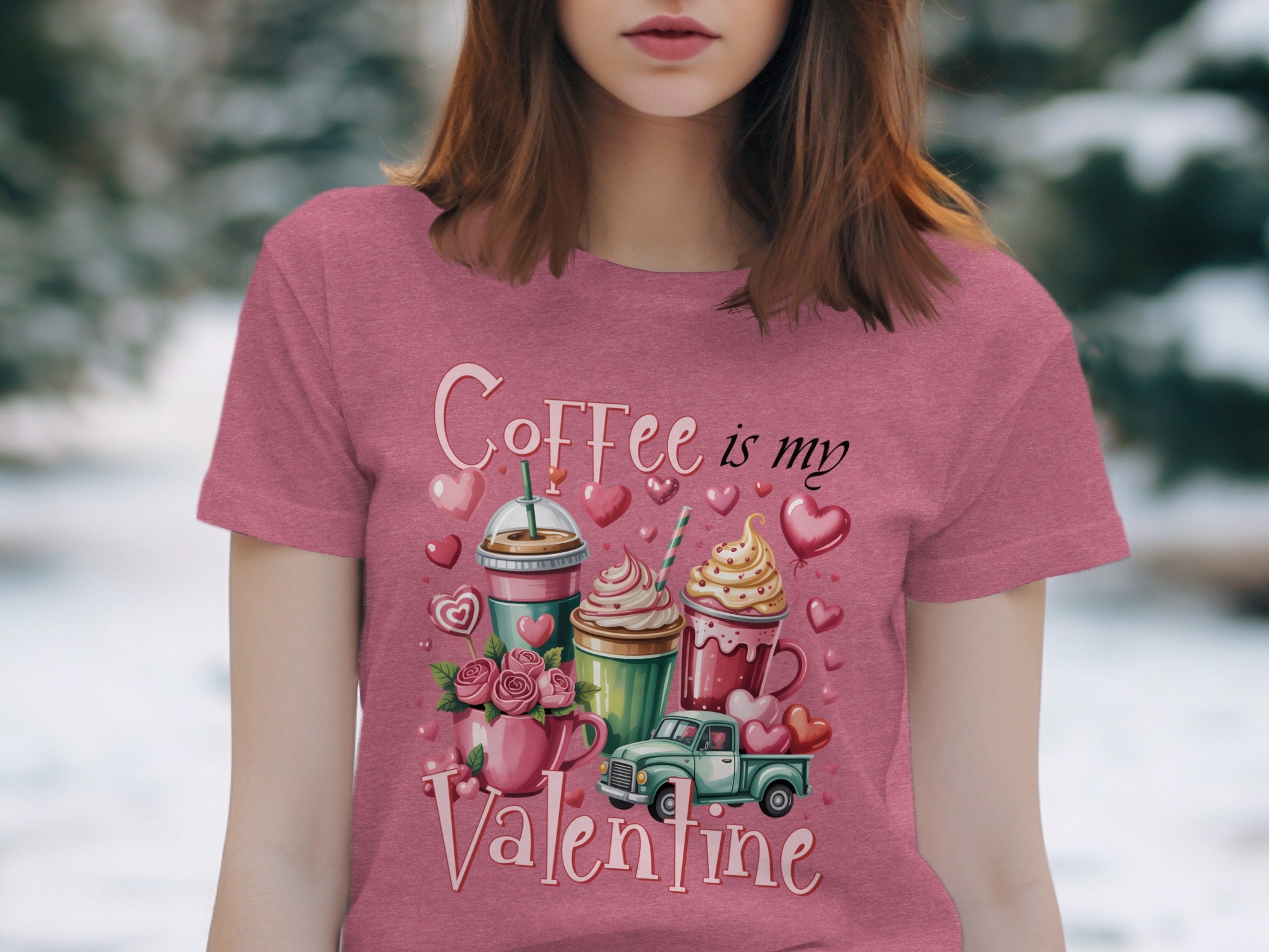 Coffee is my Valentine text with hearts, coffee cups, flowers, and truck.