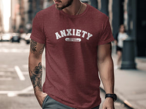 Maroon t-shirt with white text "ANXIETY" and "UNIVERSITY HONORS PROGRAM".