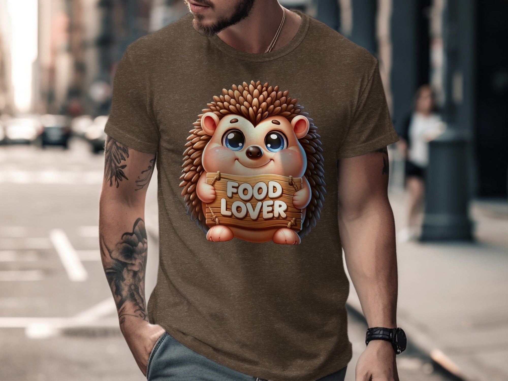 Brown t-shirt with cartoon hedgehog holding "FOOD LOVER" wooden sign.
