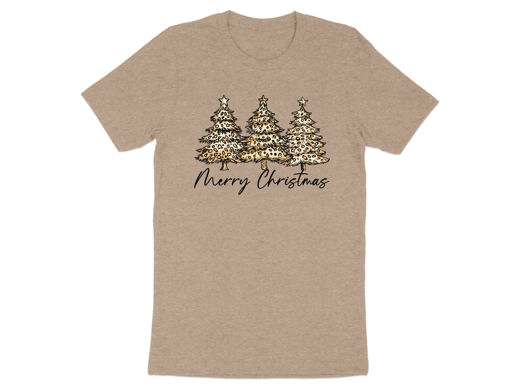Beige t-shirt with leopard print Christmas trees and "Merry Christmas" text.
