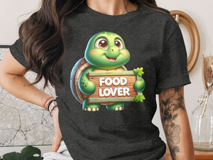 Cute cartoon turtle holding a wooden sign that says "FOOD LOVER".