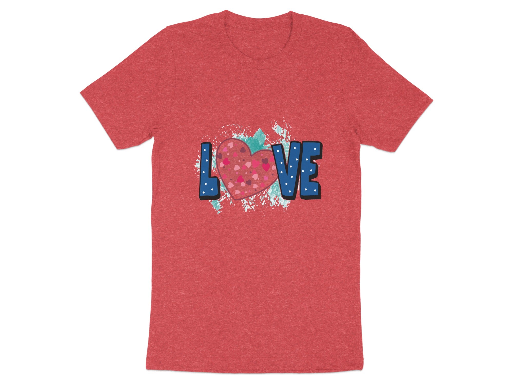 Red t-shirt with "LOVE" text and a heart graphic.