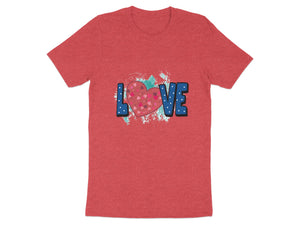 Red t-shirt with "LOVE" text and a heart graphic.