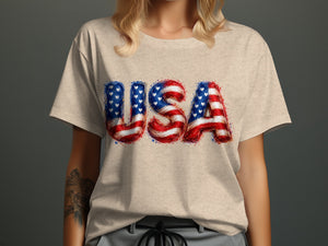 Light tan t-shirt with "USA" in textured American flag design.