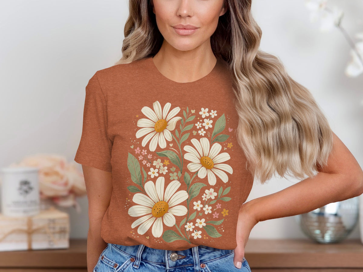 Brown t-shirt with a large white daisy floral design and small pink and white flowers.